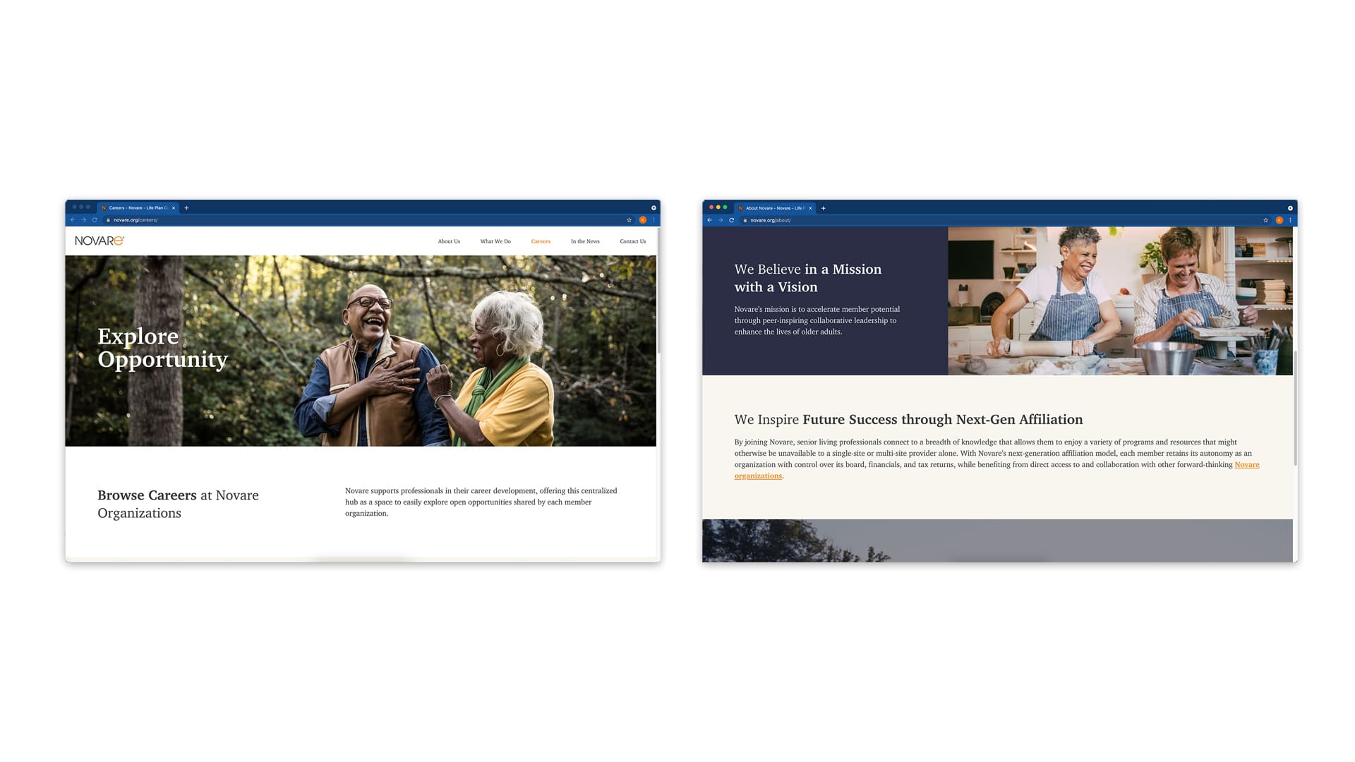 Novare - senior living microsite landing pages on desktop